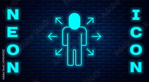 Glowing neon Multitasking manager working icon isolated on brick wall background. Vector