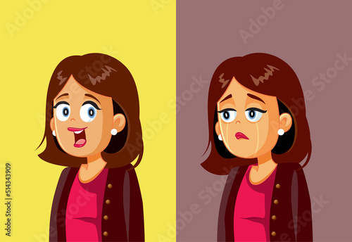 Woman Feeling Happy and Sad Vector Cartoon Illustration