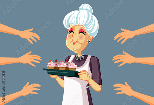 Happy Granny Sharing Muffins with Her Family Vector Cartoon Illustration