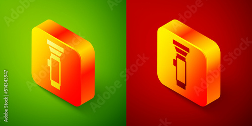 Isometric Flashlight icon isolated on green and red background. Square button. Vector