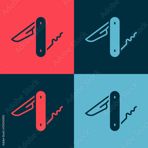 Pop art Swiss army knife icon isolated on color background. Multi-tool, multipurpose penknife. Multifunctional tool. Vector