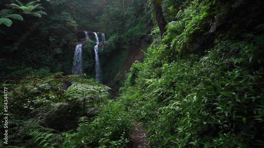 Static wide shot of tropical waterfall surrounded by deep Jungle Rainforest in Indonesia Static wide shot of tropical waterfall surrounded by deep Jungle Rainforest in Indonesia