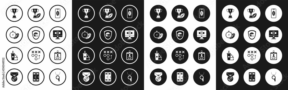 Set Smartphone with american football ball on the screen, American helmet and shield, Football stopwatch, Award cup, tv program, VIP badge and ticket paper glass soda drinking straw icon. Vector