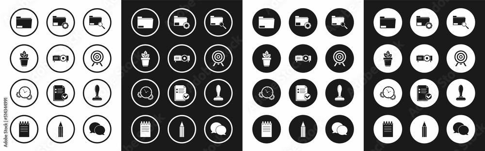 Set Search concept with folder, Presentation, movie, film, media projector, Flowers in pot, Document, Target, Folder settings gears, Stamp and Time Management icon. Vector