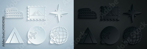 Set Globe with flying plane, Wind rose, Tourist tent, Postal stamp and Egypt pyramids and Coliseum Rome, Italy icon. Vector