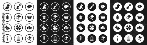 Set Veterinary clinic symbol, Turtle, Dog, Protective cone collar, Fish and icon. Vector