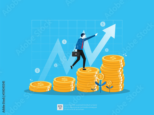 Business growth illustration concept. Profit performance or income with pile coins and plant of money symbol