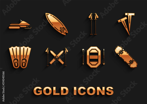 Set Ski and sticks, Pegs for tents, Skateboard trick, Rafting boat, Rubber flippers swimming, poles, Snowmobile and Surfboard icon. Vector
