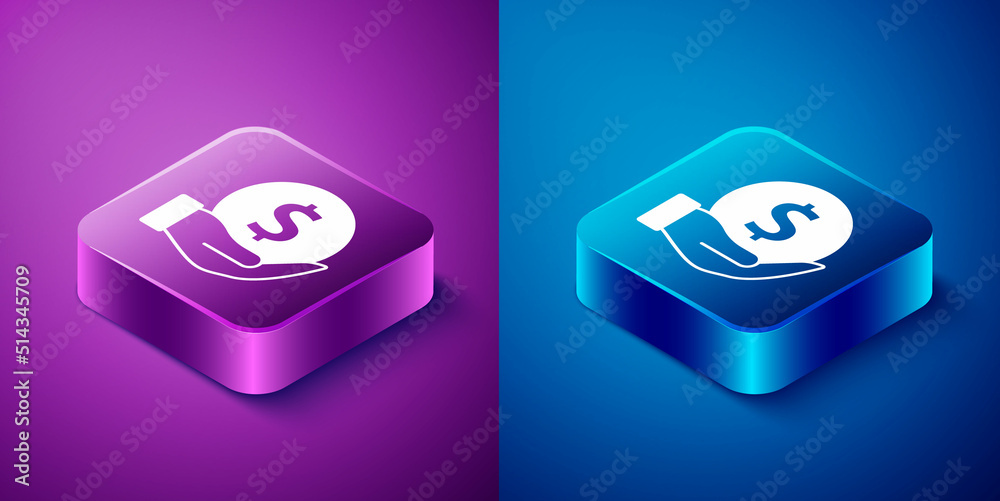 Isometric Money with shield icon isolated on blue and purple background. Insurance concept. Security, safety, protection, protect concept. Square button. Vector