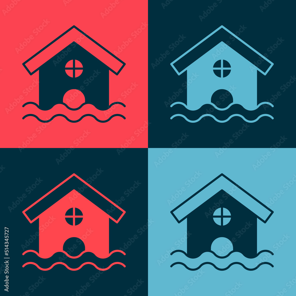Pop art House flood icon isolated on color background. Home flooding under water. Insurance concept. Security, safety, protection, protect concept. Vector