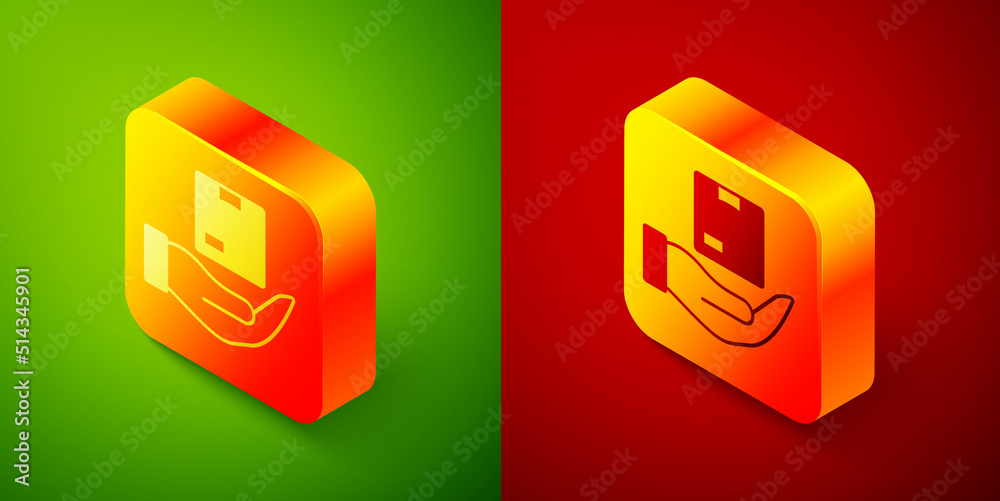 Isometric Delivery insurance icon isolated on green and red background. Insured cardboard boxes beyond the shield. Square button. Vector Isometric Delivery insurance icon isolated on green and red background. Insured cardboard boxes beyond the shield. Square button. Vector