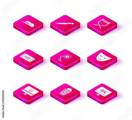 Set Online play video, Popcorn cardboard box, 4k movie, tape, frame, Table lamp, Computer PC monitor with technology, Drama theatrical mask, Director chair and Knife icon. Vector