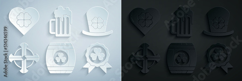 Set Wooden barrel with four leaf clover, Leprechaun hat and, Celtic cross, Medal, beer mug and Heart icon. Vector