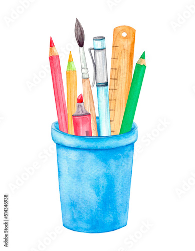 School supplies of different colors, pen, pencils, brush, ruler, felt-tip pen standing in a blue cup. Watercolor illustration drawn by hand, isolated on a white background.