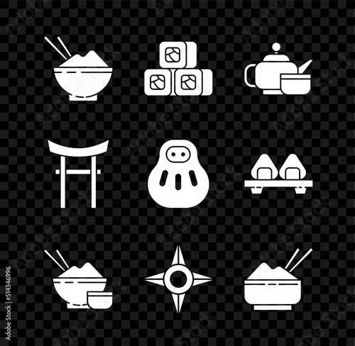 Set Rice in a bowl with chopstick, Sushi, Japanese tea ceremony, ninja shuriken, Gate and Maneki neko cat icon. Vector