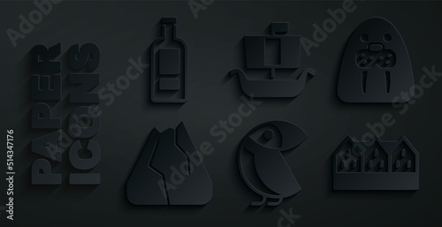 Set Albatross, Walrus animal, Mountains, Norwegian wooden house, Viking ship Drakkar and Bottle of vodka icon. Vector
