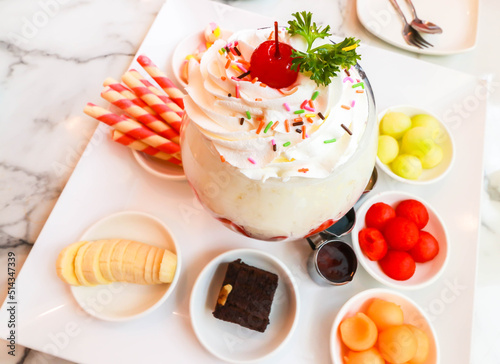 Top view Big Bingsu dessert, fruit bingsu and snack menu iced served