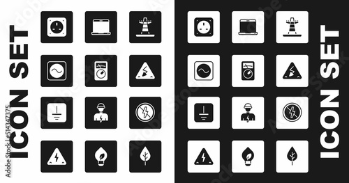 Set Electric tower line, Ampere meter, multimeter, AC voltage source, Electrical outlet, High, Laptop, No lightning and symbol ground icon. Vector