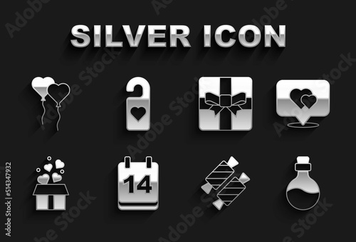 Set Calendar with February 14, Location heart, Bottle love potion, Candy, Gift box hearts, Balloons in form of and Please do not disturb icon. Vector