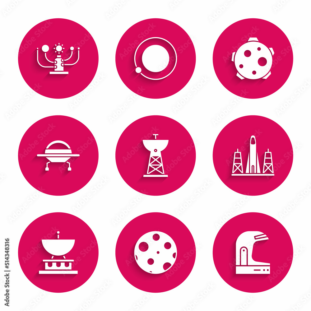 Set Satellite dish, Moon, Astronaut helmet, Rocket launch from the spaceport, UFO flying spaceship, Planet and Solar system icon. Vector Set Satellite dish, Moon, Astronaut helmet, Rocket launch from the spaceport, UFO flying spaceship, Planet and Solar system icon. Vector