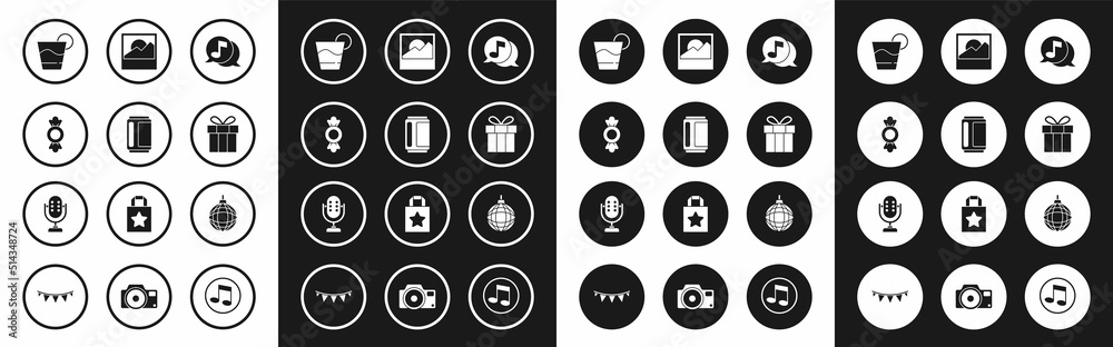 Set Musical note in speech bubble, Beer can, Candy, Cocktail, Gift box, Photo, Disco ball and Microphone icon. Vector Set Musical note in speech bubble, Beer can, Candy, Cocktail, Gift box, Photo, Disco ball and Microphone icon. Vector