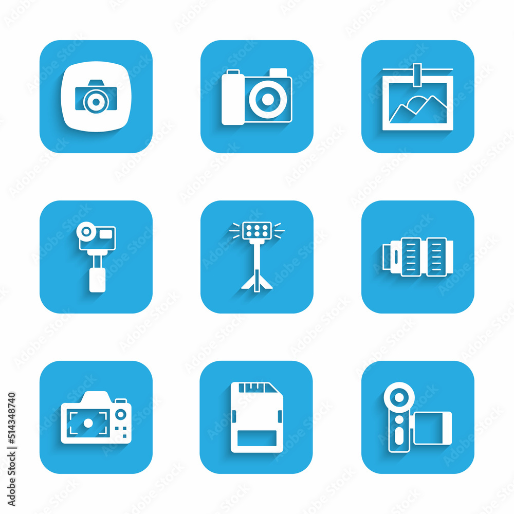 Set Studio light bulb in softbox, SD card, Cinema camera, Camera photo lens, Photo, Action extreme, frame and icon. Vector Set Studio light bulb in softbox, SD card, Cinema camera, Camera photo lens, Photo, Action extreme, frame and icon. Vector