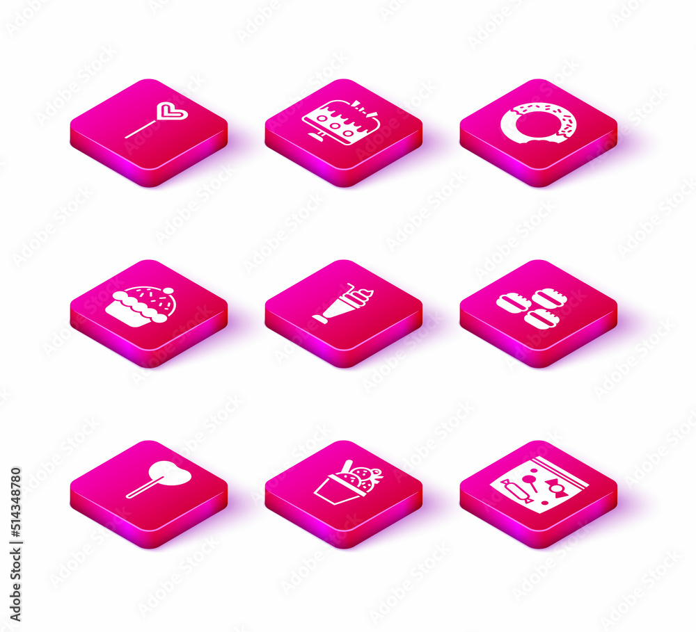 Set Lollipop, Ice cream in bowl, Cupcake, Milkshake, Candy packaging for sweets, Macaron cookie, Donut and Cake plate icon. Vector
