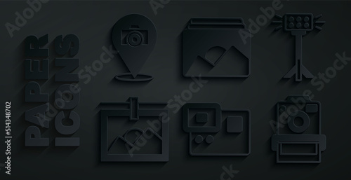 Set Action extreme camera, Studio light bulb in softbox, Photo frame, and icon. Vector