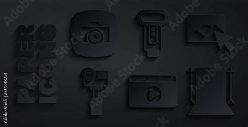 Set Movie clapper, Photo retouching, Action extreme camera, Empty photo studio, flash and icon. Vector