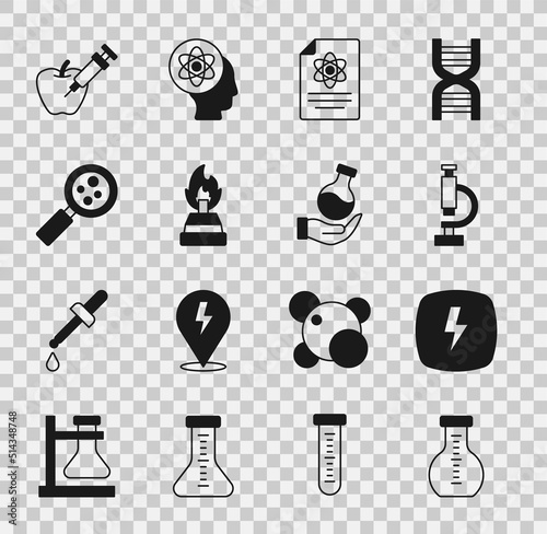 Set Test tube, Lightning bolt, Microscope, Chemistry report, Alcohol spirit burner, Microorganisms under magnifier, Genetically modified apple and icon. Vector
