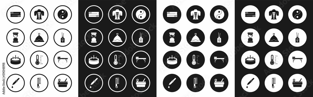 Set Yin Yang, Sauna hat, Old hourglass, Towel stack, Aroma diffuser, Massage stone therapy, table and Swimming pool with ladder icon. Vector Set Yin Yang, Sauna hat, Old hourglass, Towel stack, Aroma diffuser, Massage stone therapy, table and Swimming pool with ladder icon. Vector