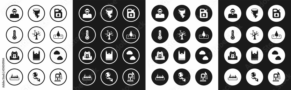 Set Canister for gasoline, Withered tree, Meteorology thermometer, Face protective mask, Deforestation, Tornado, Cloud and Polar bear head icon. Vector