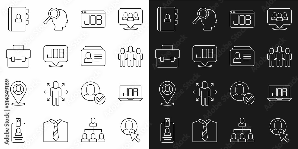Set line Worker, Search job, Project team base, Briefcase, Resume and icon. Vector