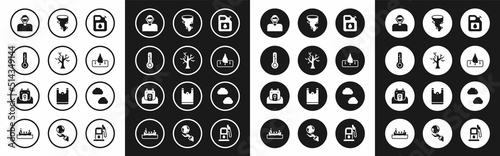 Set Canister for gasoline, Withered tree, Meteorology thermometer, Face protective mask, Deforestation, Tornado, Cloud and Polar bear head icon. Vector