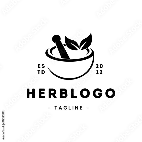 logo for restaurantminimalist natural herb line art badge logo template vector illustration design. simple mortar pestle leaf bowl alternative medicine pharmacy emblem logo concept