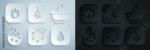 Set Formula of benzene rings, Mortar and pestle, Test tube flask, Water drop, Cracked and Fire flame icon. Vector photo