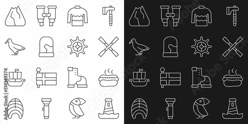 Set line Lighthouse, Hotdog sandwich, Oars or paddles boat, Sweater, Christmas mittens, Albatross, Mountains and Ship steering wheel icon. Vector
