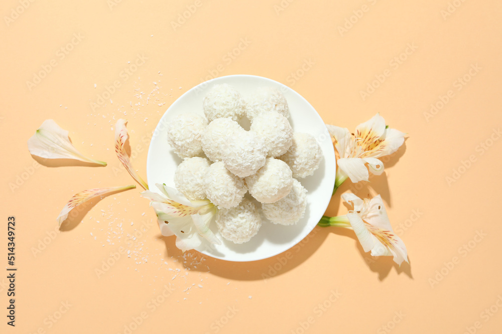 Concept of tasty sweets, coconut candies, top view Concept of tasty sweets, coconut candies, top view