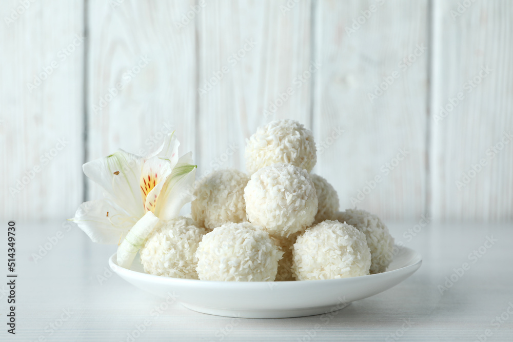 Concept of tasty sweets, coconut candies, close up Concept of tasty sweets, coconut candies, close up