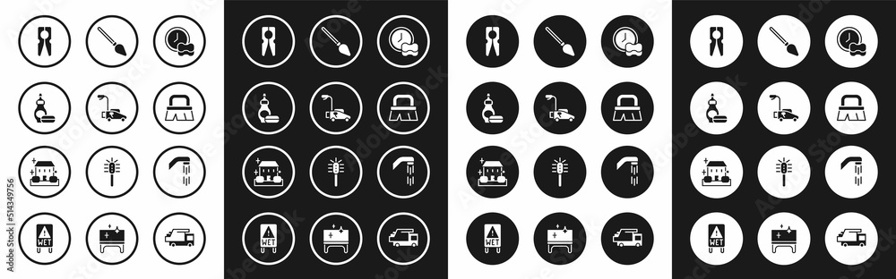 Set Washing dishes, Lawn mower, Dishwashing liquid bottle, Clothes pin, Brush for cleaning, Handle broom, Shower head and Home service icon. Vector Set Washing dishes, Lawn mower, Dishwashing liquid bottle, Clothes pin, Brush for cleaning, Handle broom, Shower head and Home service icon. Vector