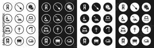 Set Washing dishes, Lawn mower, Dishwashing liquid bottle, Clothes pin, Brush for cleaning, Handle broom, Shower head and Home service icon. Vector