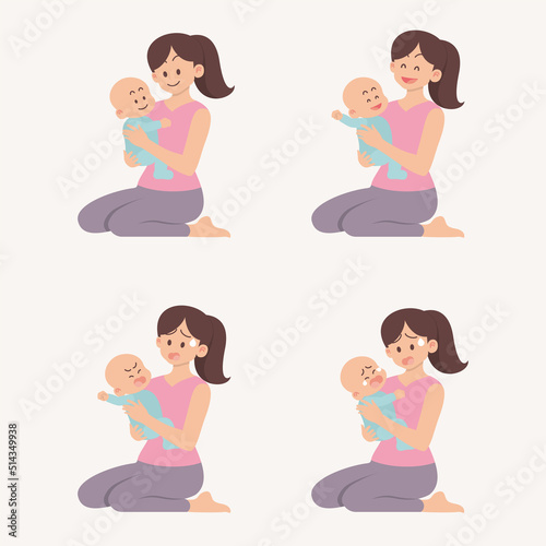 Set of young mother sitting and holding baby with different actions and emotions, smiling, laughing, screaming and crying in flat cartoon style