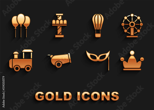 Set Cannon, Ferris wheel, Jester hat with bells, Festive mask, Toy train, Hot air balloon, Balloons ribbon and Attraction carousel icon. Vector