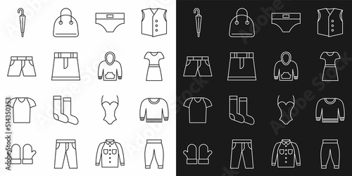 Set line Pants, Sweater, Woman dress, Men underpants, Skirt, Short or, Umbrella and Hoodie icon. Vector