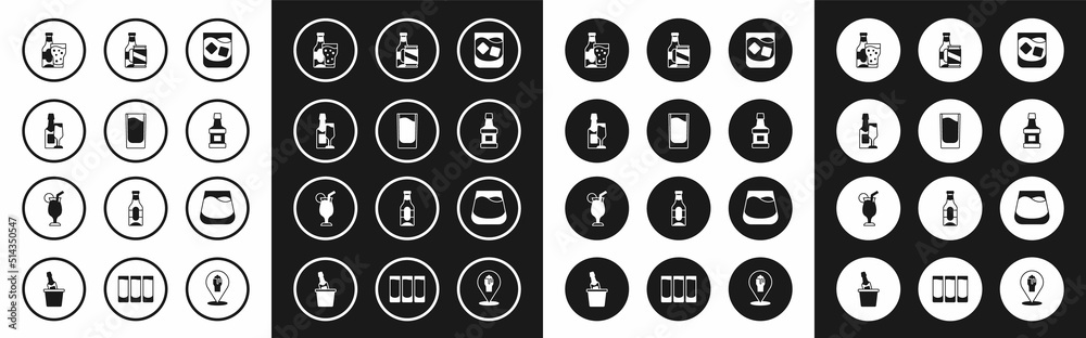 Set Glass of whiskey, Shot glass, Champagne bottle and, Beer, Whiskey, beer can, and Cocktail icon. Vector