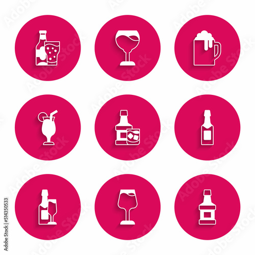 Set Whiskey bottle and glass  Wine  Champagne  Cocktail  Wooden beer mug and Beer icon. Vector