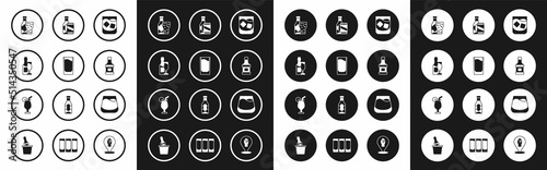 Set Glass of whiskey, Shot glass, Champagne bottle and, Beer, Whiskey, beer can, and Cocktail icon. Vector