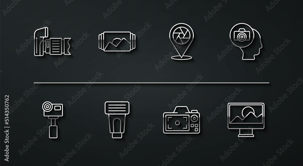 Set line Photo camera, Action extreme, flash, frame, retouching and Camera shutter icon. Vector