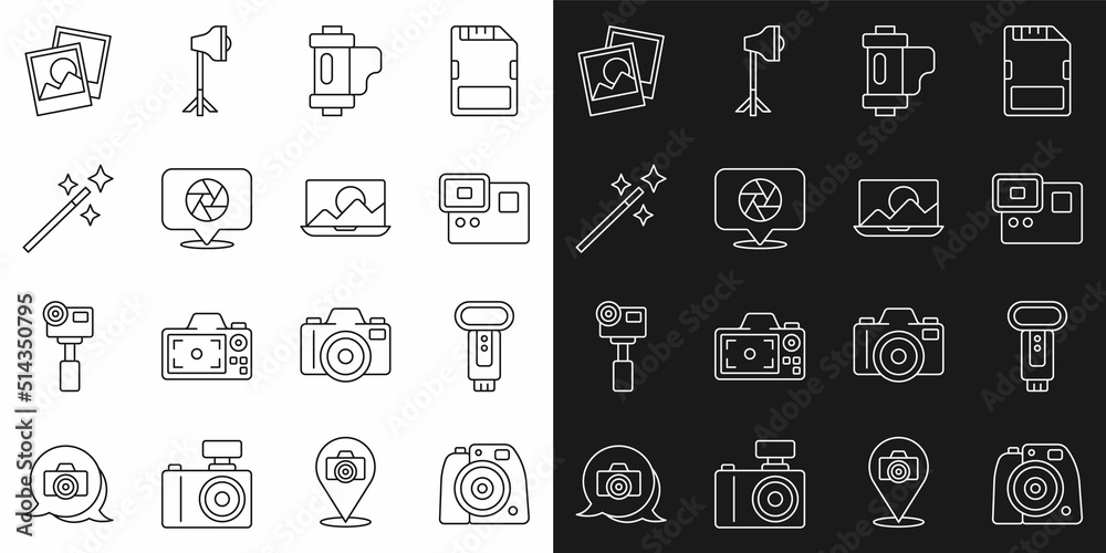Set line Photo camera, flash, Action extreme, Camera film roll cartridge, shutter, retouching, frame and icon. Vector