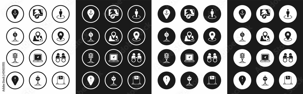Set Location with person, Folded map location marker, Turn back road sign, anchor, house, City navigation, Binoculars and Traffic light icon. Vector Set Location with person, Folded map location marker, Turn back road sign, anchor, house, City navigation, Binoculars and Traffic light icon. Vector